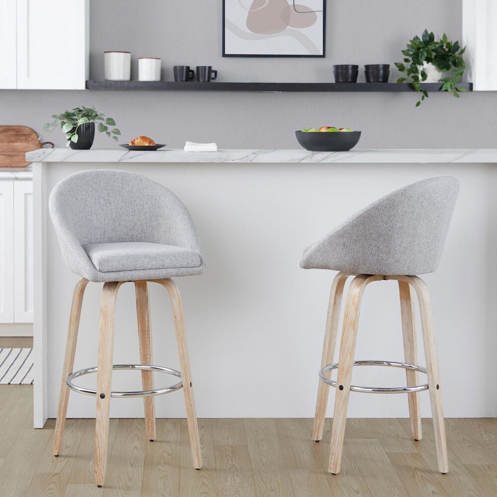 LumiSource Matisse 30" Swivel Barstool with Grey Fabric Upholstery in Whitewashed and Chrome (Set of 2), , large