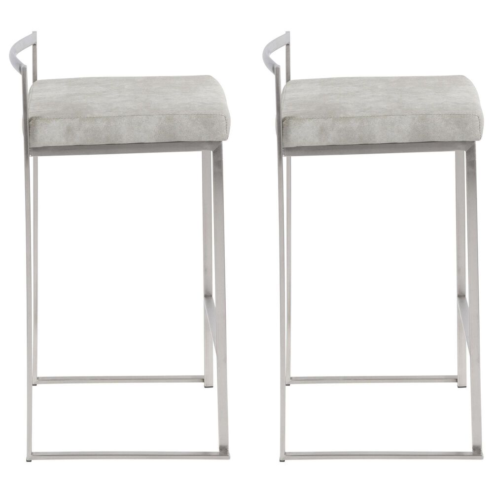 LumiSource Fuji 26" Stacker Counter Stool with Light Grey Cowboy Upholstery in Brushed Stainless Steel (Set of 2), , large