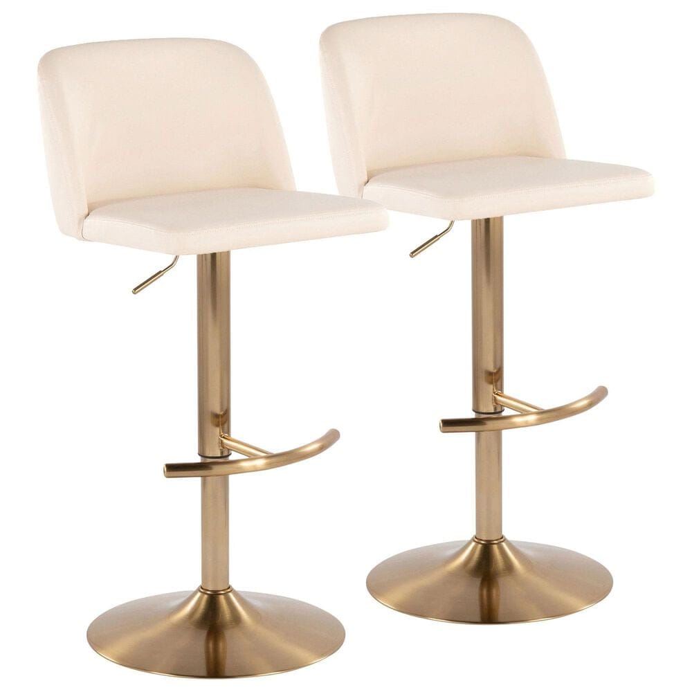 LumiSource Toriano Swivel Adjustable Bar Stool with Cream Faux Leather Upholstery in Gold (Set of 2), , large