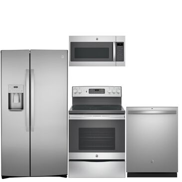 GE 4-Piece Kitchen Package with 25.1 Cu. Ft. Side-by-Side Refrigerator and Electric Range in Stainless Steel , , large