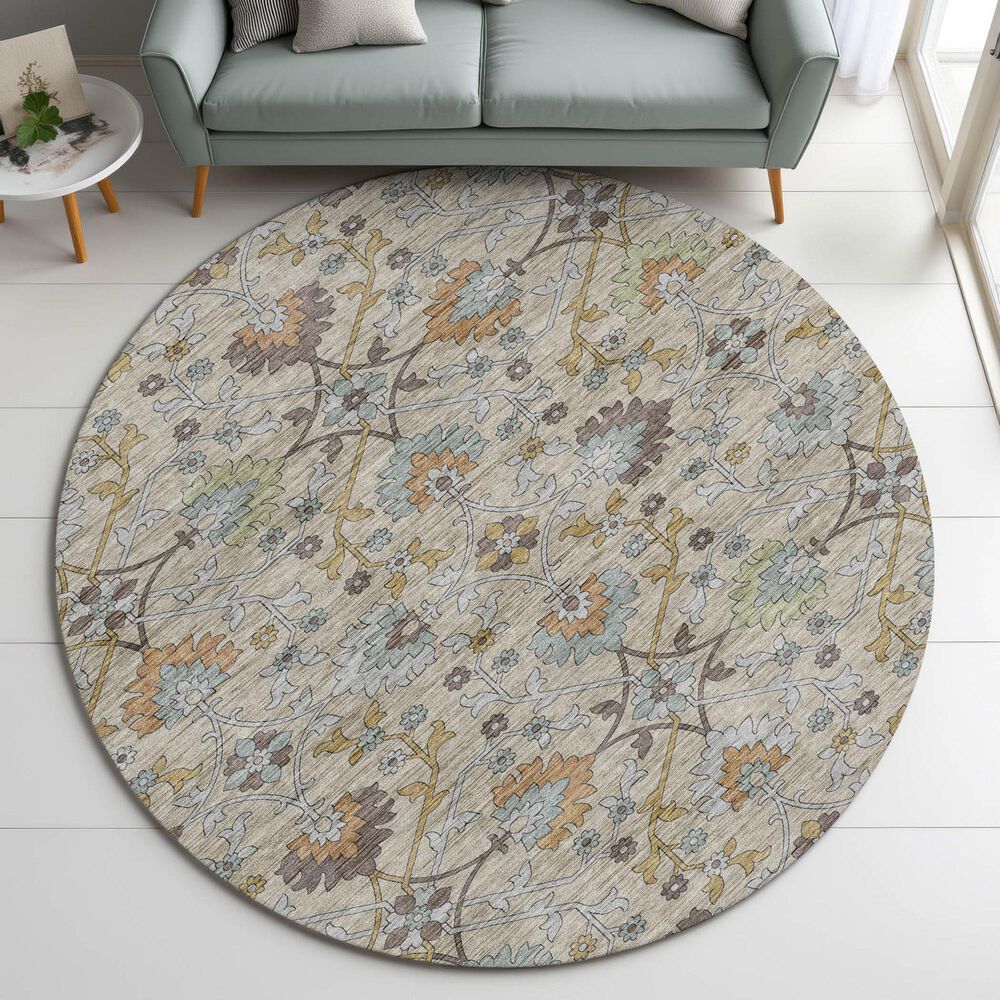 Dalyn Rug Company Silk Road Flax, Beige, Copper, Denim, Aloe and Gold 8&#39; Round Area Rug, , large