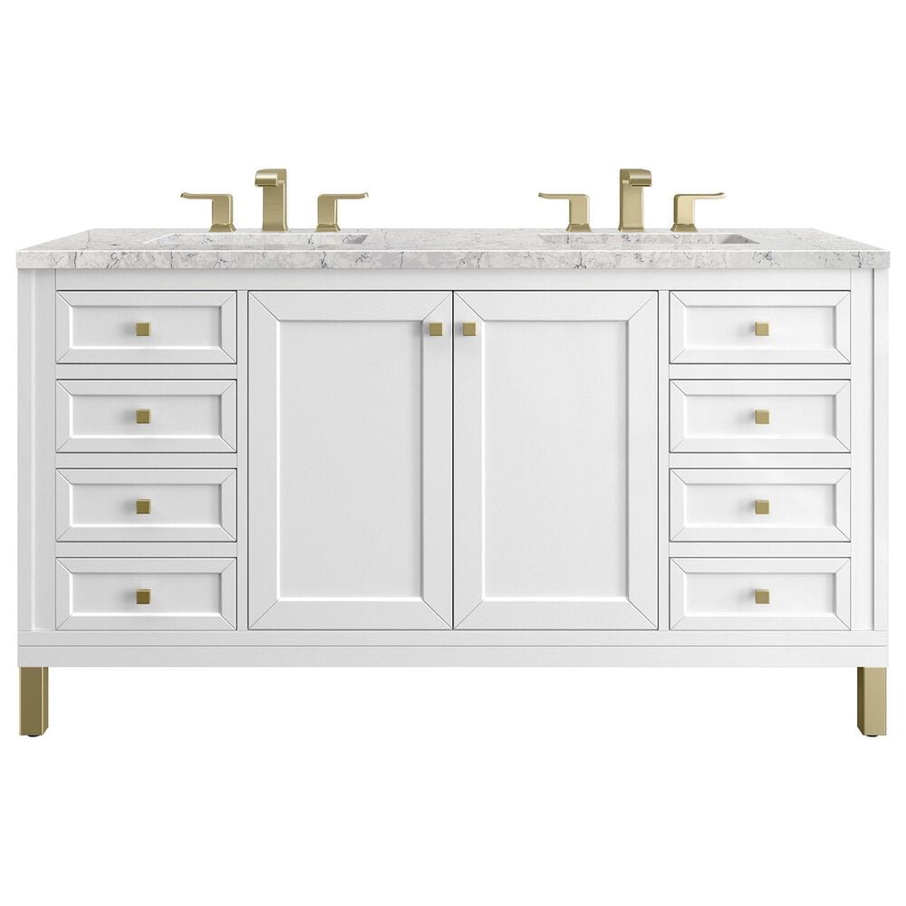 James Martin Vanities Chicago 60" Double Bathroom Vanity in Glossy White with 3 cm Eternal Jasmine Pearl Quartz Top and Rectangular Sinks, , large