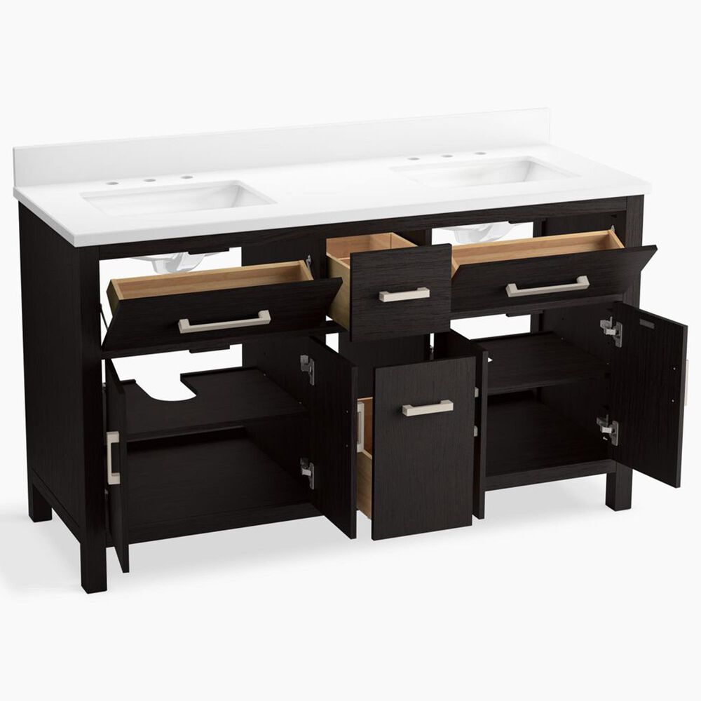 Kohler Kresla 60" Double Bathroom Vanity in Carbon Oak with 3 cm White Quartz Top and Rectangular Sinks, , large
