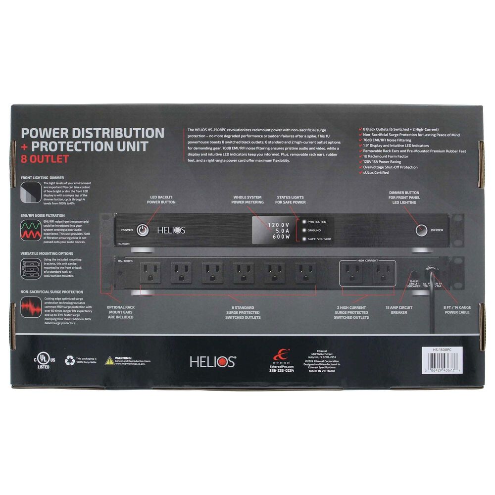 Helios 8-Outlet Rack Mountable Non Sacrificial Surge Protector in Black, , large