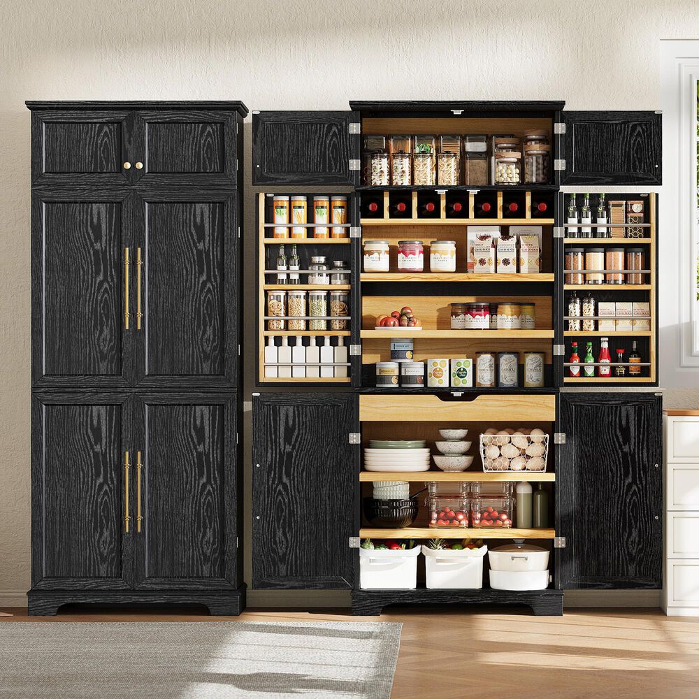 HOMLUX HOMLUX 78.2" Tall Farmhouse Kitchen Pantry Cabinet with 8 Door Shelves, Storage Cabinet with 4 Adjustable Shelves, Hidden Drawer, Wine Rack, Versatile Cupboard for Kitchen, Dining &amp; Bathroom, Ash Black, , large