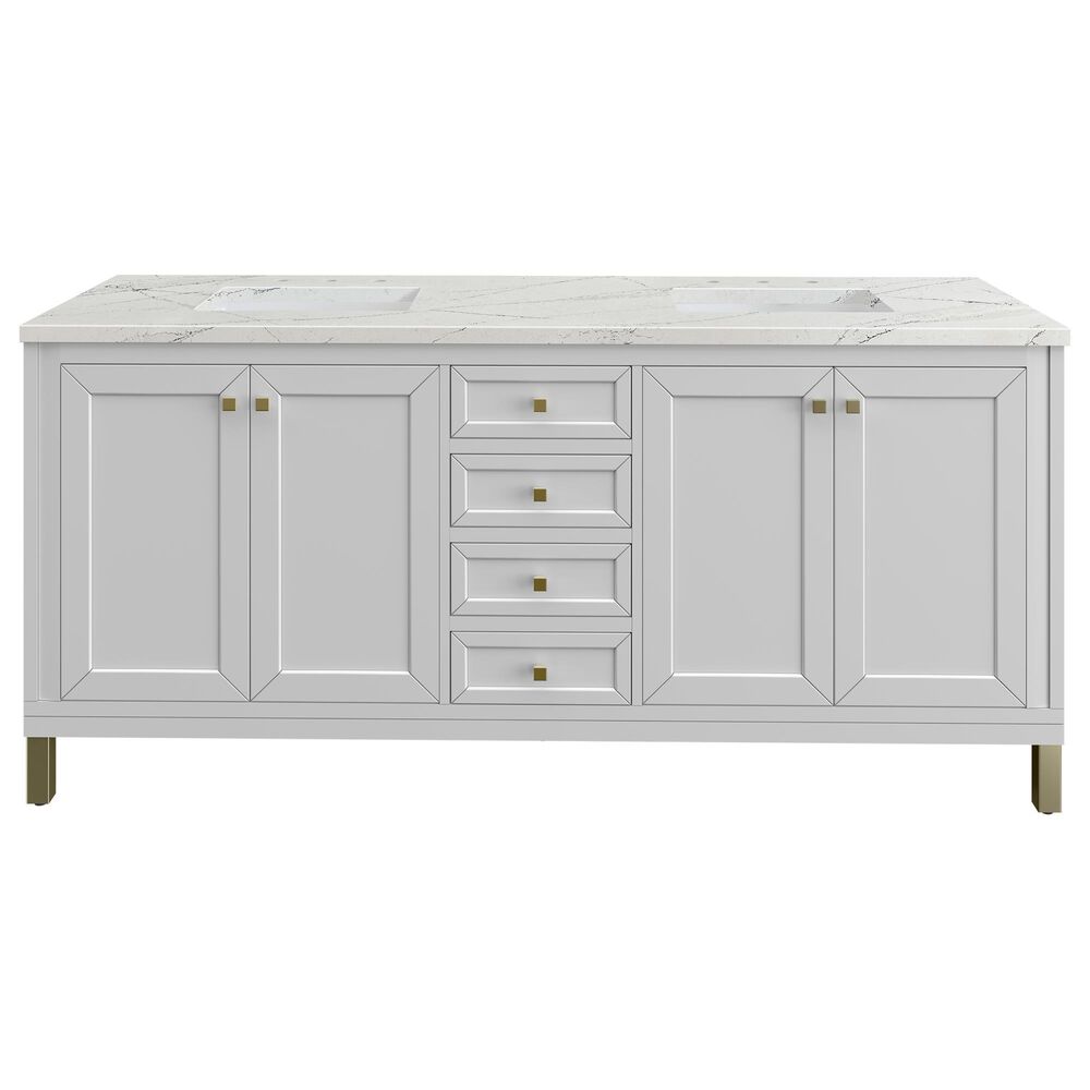 James Martin Vanities Chicago 72" Double Bathroom Vanity in Glossy White with 3 cm Ethereal Noctis Quartz Top, Rectangular Sinks and FreePower Wireless Charger, , large