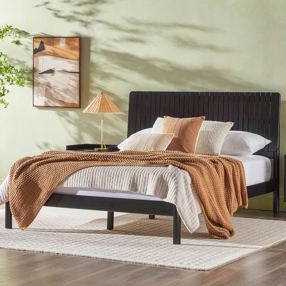 Walker Edison Cama Queen Platform Bed with Slatted Headboard in Black, , large