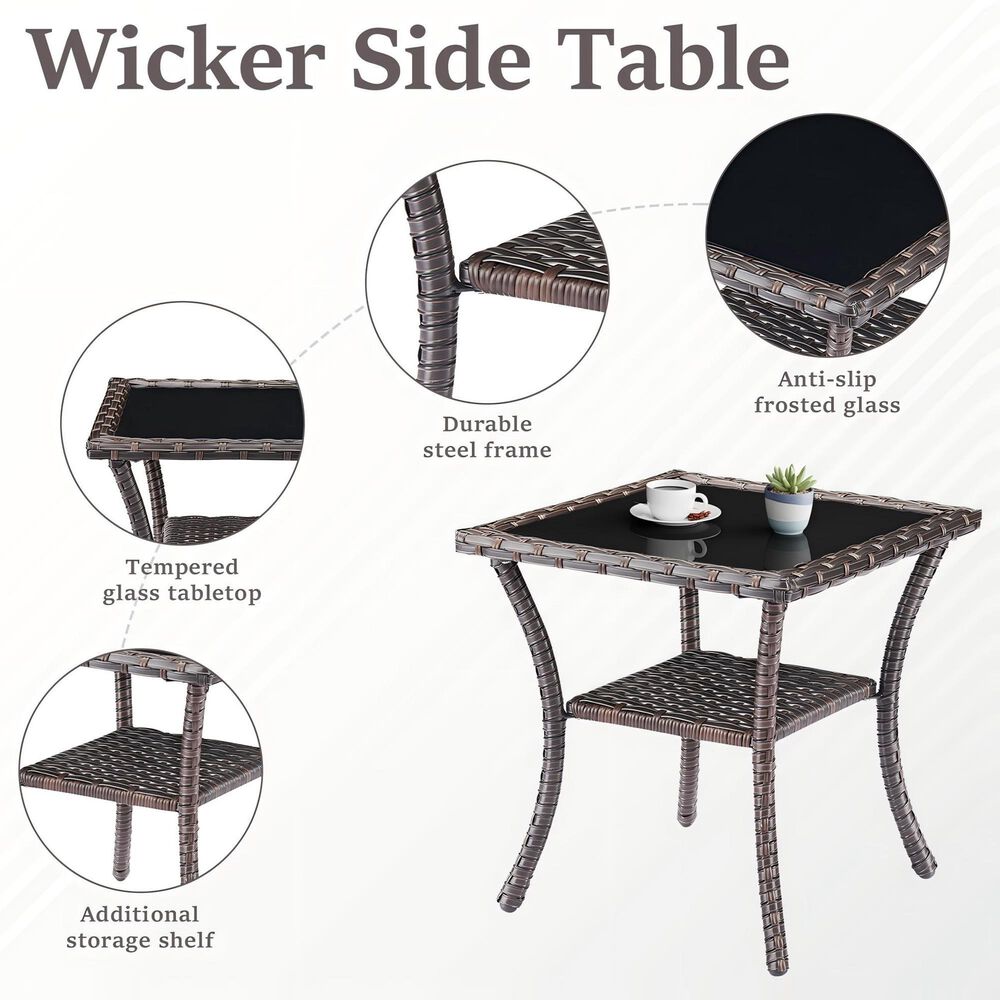 Sunwell Garden 20" Patio Square Side Table with Frosted Glass Top in Brown, , large