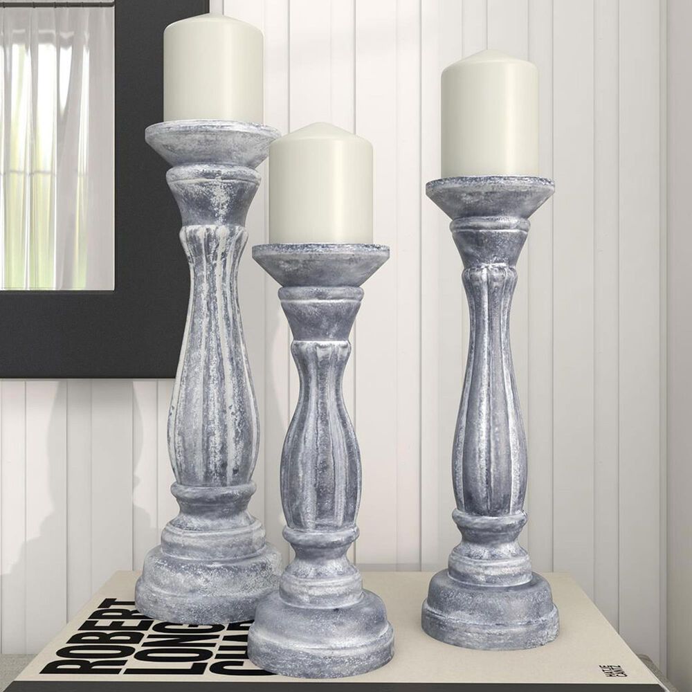 Maple and Jade Turned Pillar Decorative Candle Holder in Washed Gray and Black &#40;Set of 3&#41;, , large
