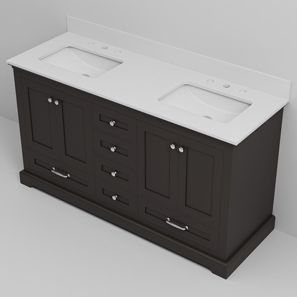 Lexora Home Dukes 60" Double Bathroom Vanity in Espresso with 2 cm White Quartz Top and Rectangular Sinks, , large