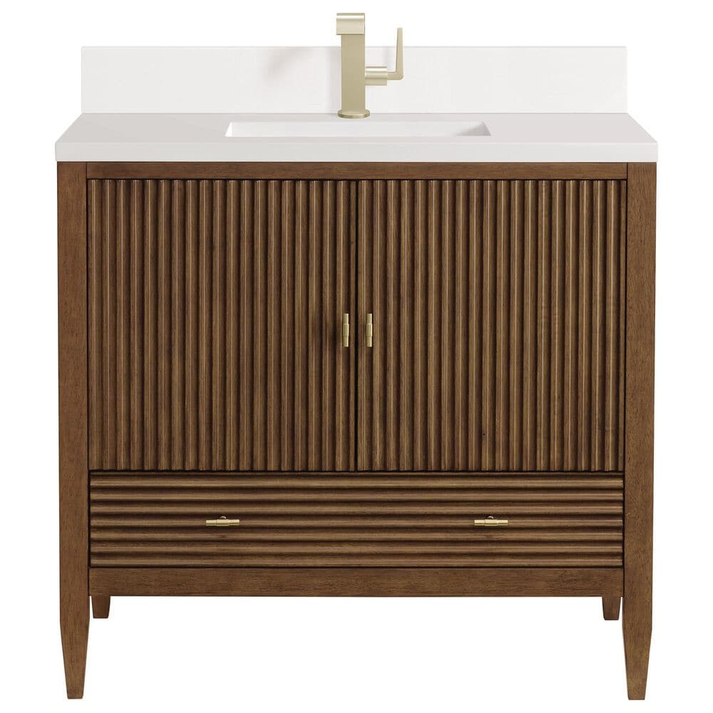 James Martin Vanities Myrrin 36" Vanity in Mid-Century Walnut with Single Hole and 3 cm White Zeus Quartz Top & Backsplash, , large