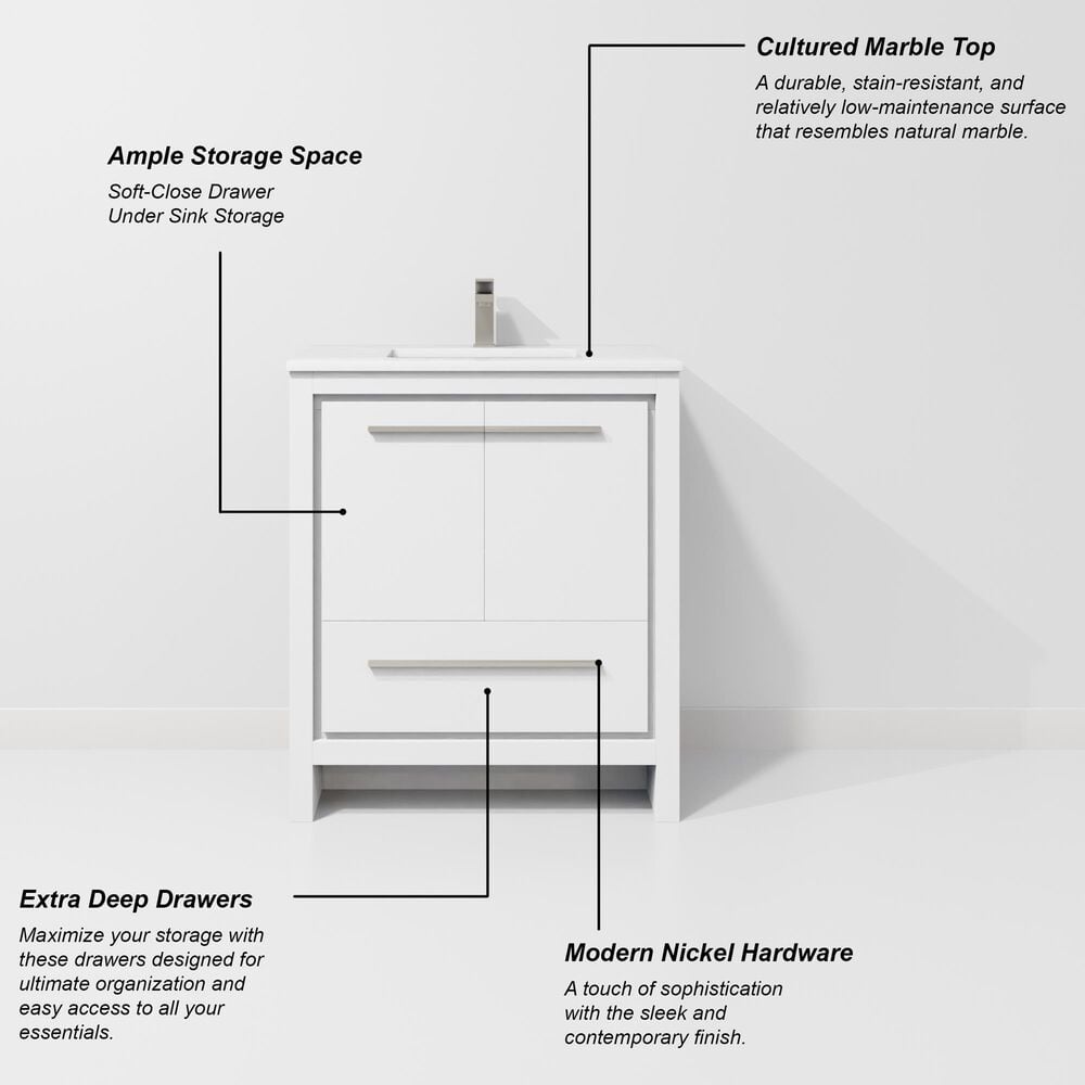 Lexora Home Lafarre 30" Single Bathroom Vanity in White with 2 cm White Cultured Marble Top and Rectangular Sink, , large