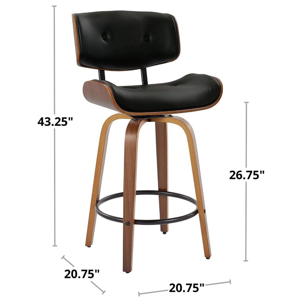 LumiSource Lombardi 26" Swivel Counter Stool with Grey Faux Leather Upholstery in Walnut and Black (Set of 2), , large