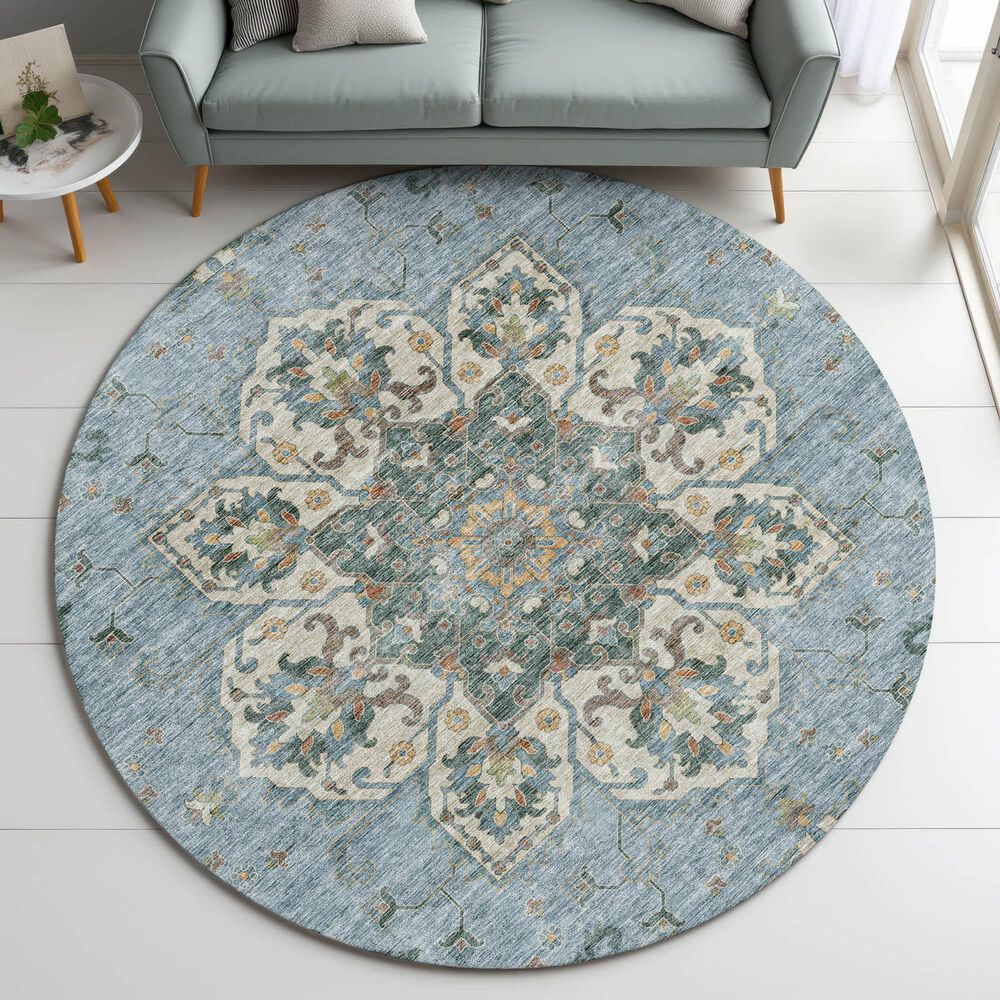 Dalyn Rug Company Silk Road Aqua, Ivory, Beige, Blue, Gold, Aloe and Gray 8&#39; Round Area Rug, , large