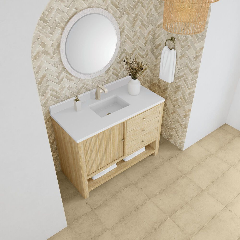 James Martin Vanities Marigot Single 48&quot; Single Vanity in Sun-washed Oak with Single Hole 3 cm White Zeus Quartz Top &amp; Backsplash, , large