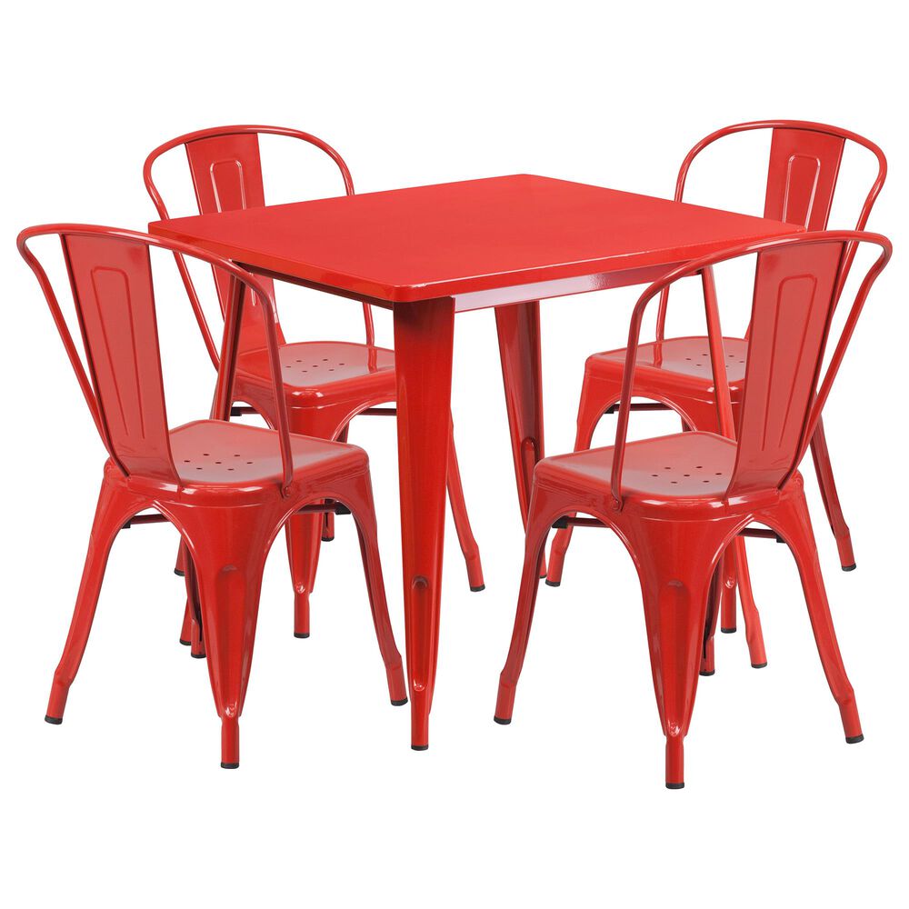Flash Furniture 5-Piece Square Metal Table Set in Red, , large