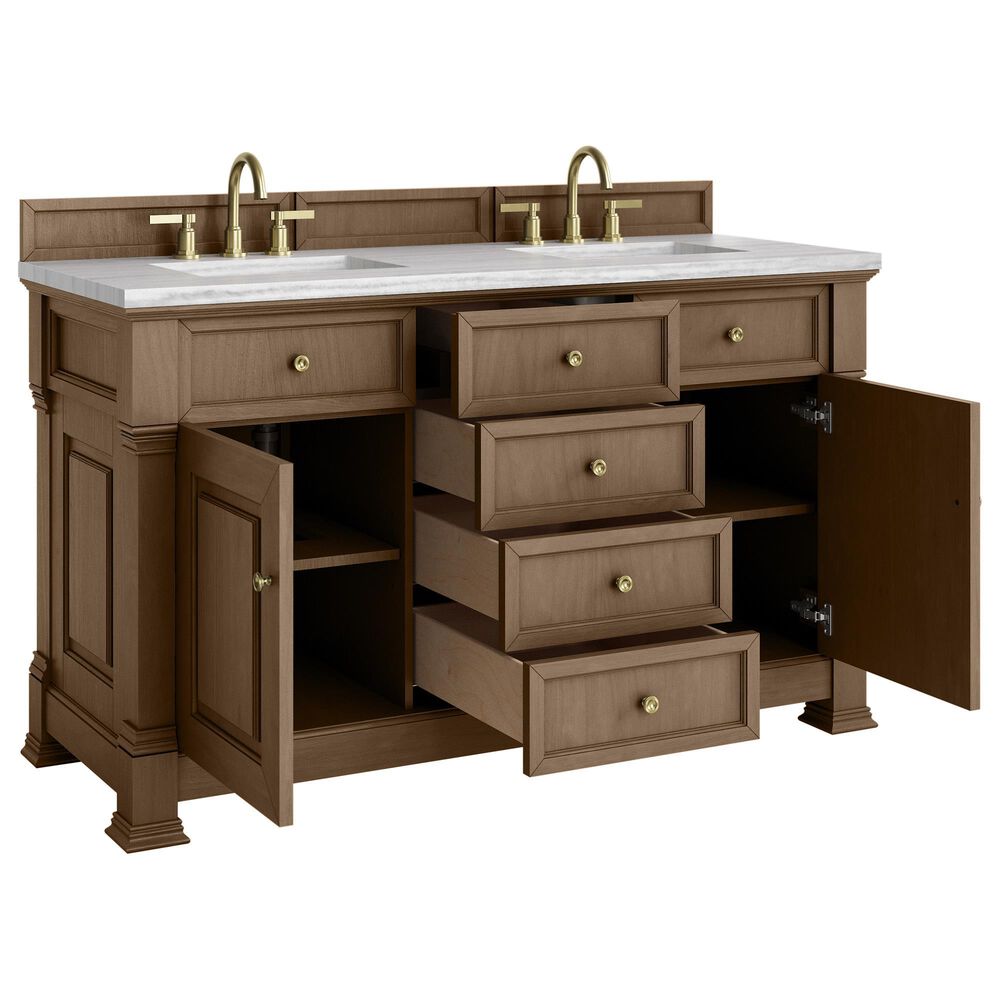 James Martin Vanities Brookfield 60&quot; Double Bathroom Vanity in Pecan with 3 cm Arctic Fall Solid Surface Top and Rectangular Sinks, , large