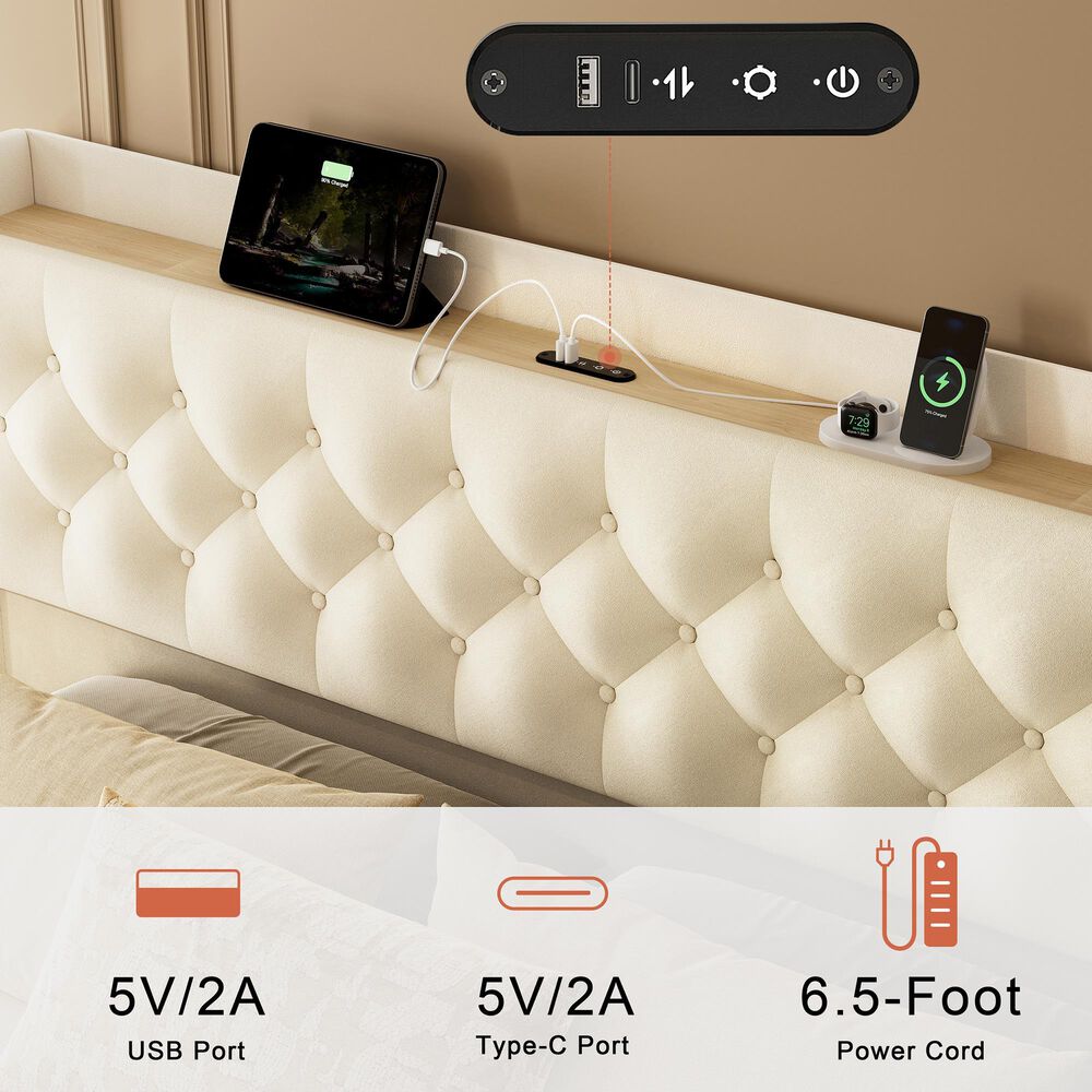 HOMLUX Queen Upholstered Platform Storage Bed in Beige, , large