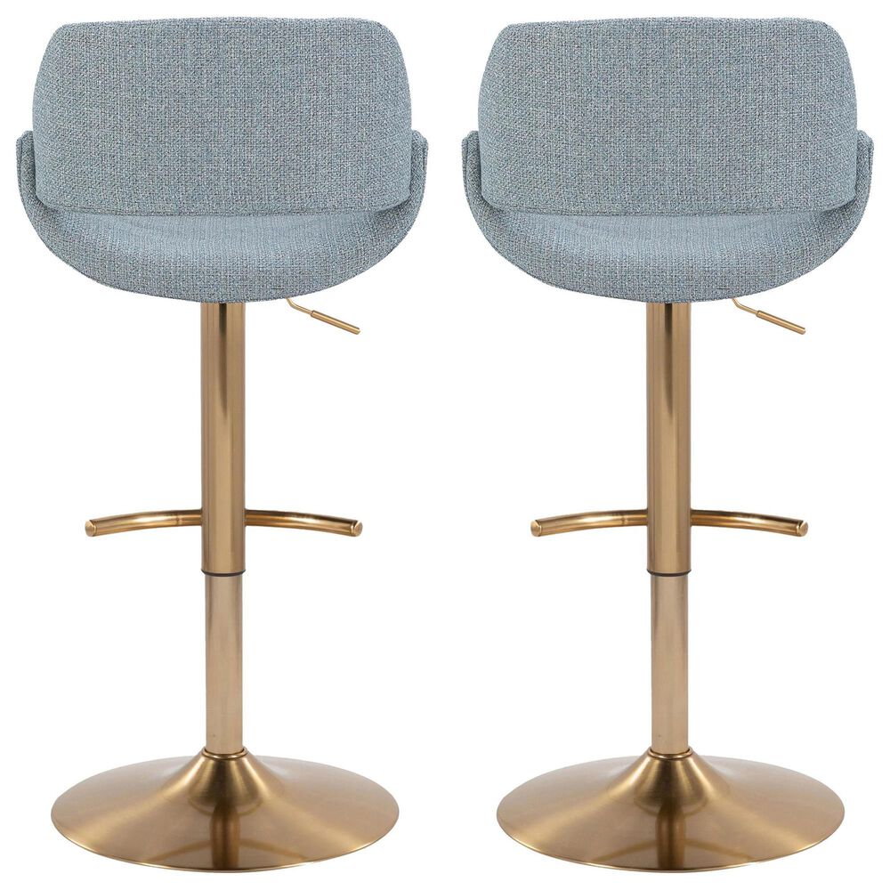 LumiSource Fabrico Swivel Adjustable Bar Stool with Blue Noise Fabric Upholstery and Rounded T Footrest in Gold (Set of 2), , large