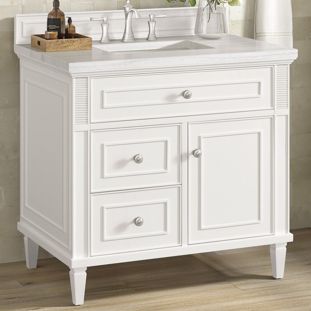 James Martin Vanities Lorelai 36&quot; Single Vanity in Bright White with 3 cm Arctic Fall Solid Surface Top, , large