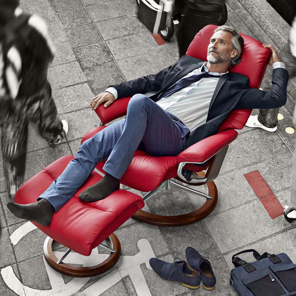 Ekornes View Small Chair and Ottoman with Brown Signature Base in Paloma Tomato, , large