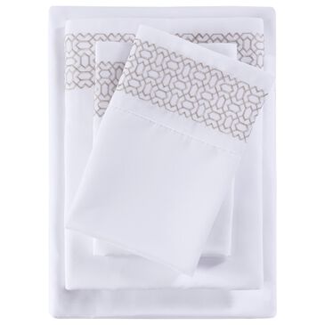 Hampton Park Embroidered Microfiber 4-Piece Queen Sheet Set in Taupe Geometric, , large