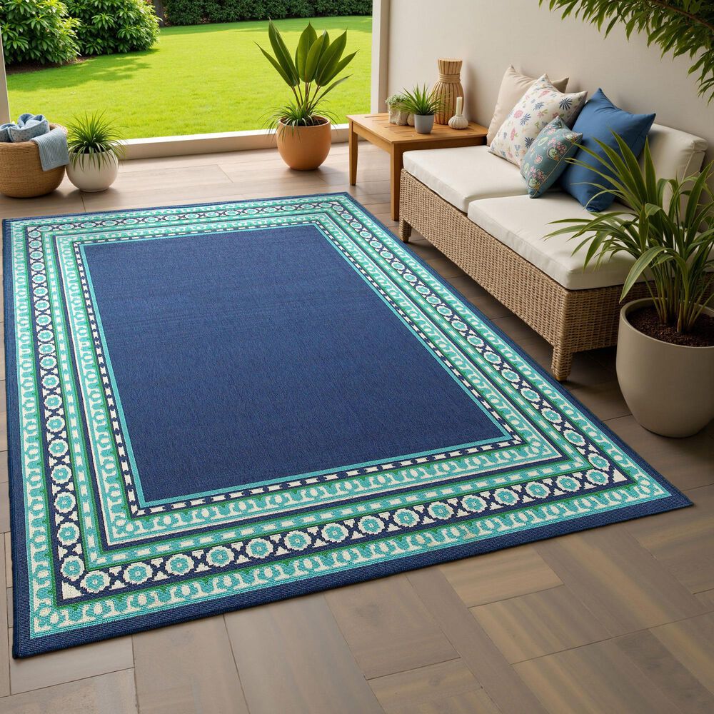 Oriental Weavers Meridian Navy and Green 2'3" x 7'6" Indoor/Outdoor Runner, , large