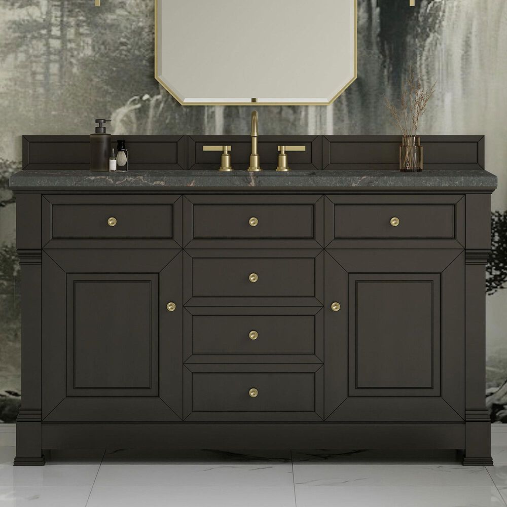 James Martin Vanities Brookfield 60" Single Bathroom Vanity in Black Onyx with 3 cm Parisien Bleu Quartz Top, Rectangle Sink and FreePower Wireless Charger, , large