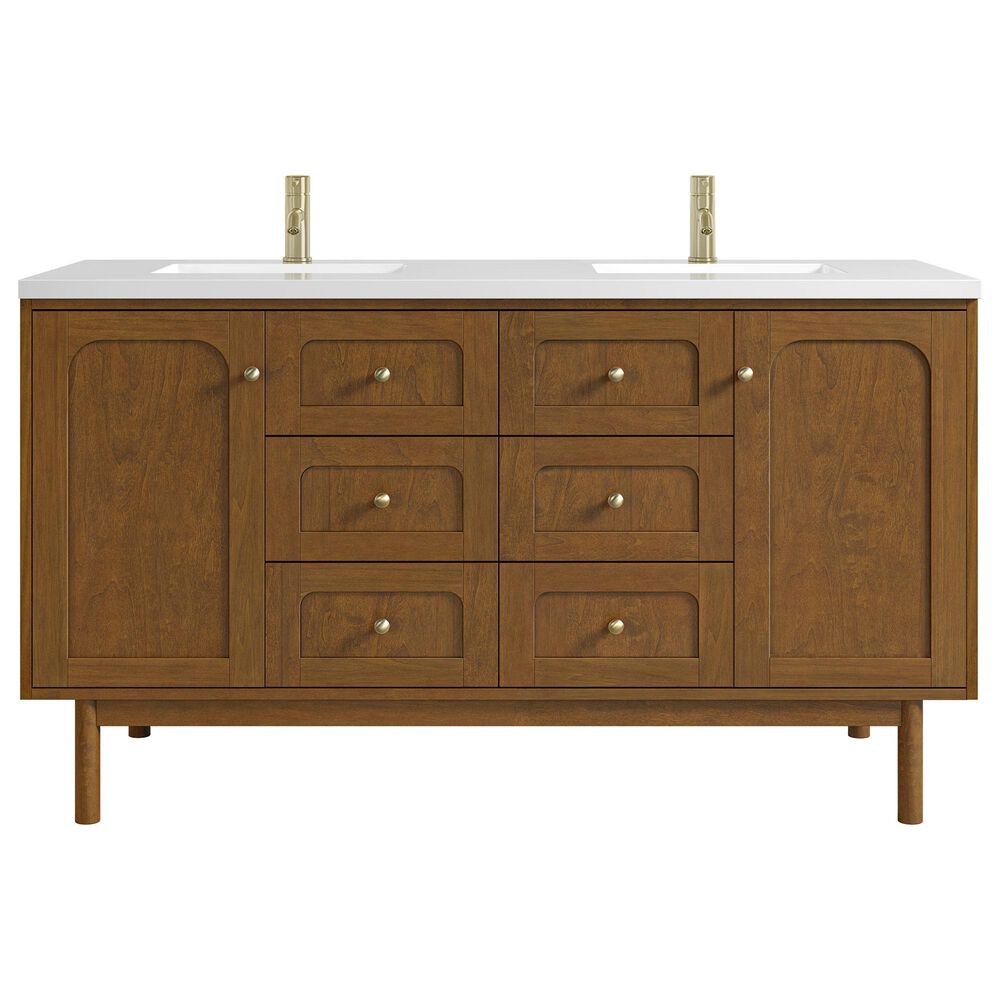 James Martin Laurent 60" Double Bathroom Vanity in Honey Oak with Single Hole 3 cm White Zeus Silestone Top and Rectangular Sinks, , large