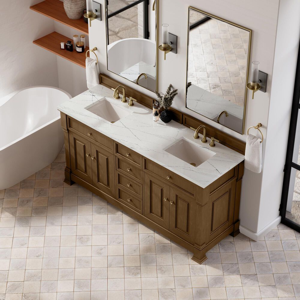 James Martin Vanities Brookfield 72&quot; Double Bathroom Vanity in Honey Oak with 3cm Ethereal Noctis Quartz Top and Rectangular Sinks, , large