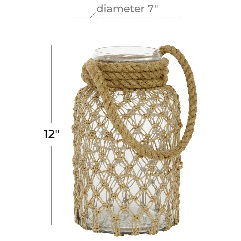 Maple and Jade 12&quot; Decorative Indoor/Outdoor Candle Lantern with Rope Handle in Clear and Brown, , large