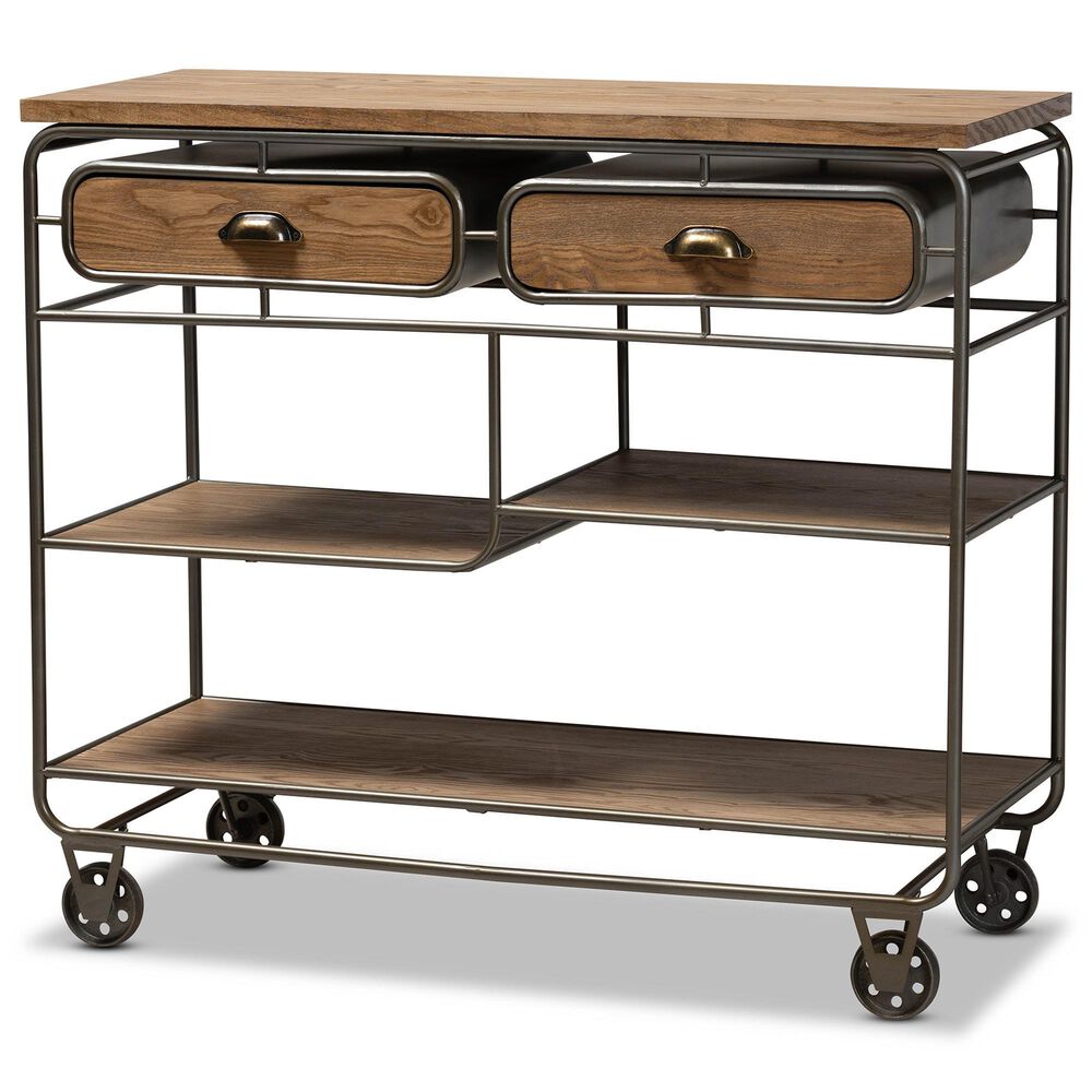 Baxton Studio Grant 2-Drawer Kitchen Cart in Oak Brown and Black, , large