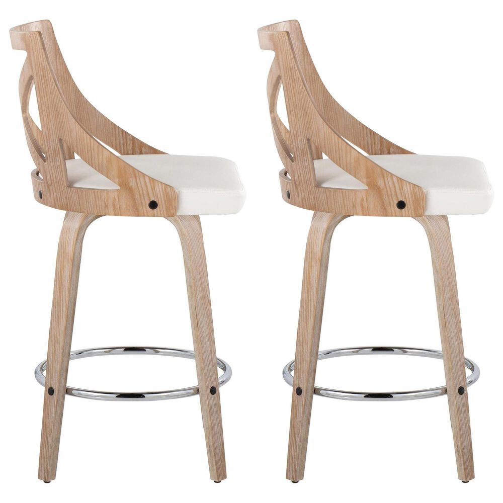 LumiSource Charlotte Swivel Counter Stool with White Faux Leather Upholstery in Whitewashed and Chrome (Set of 2), , large