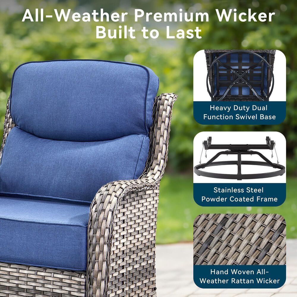 Sunwell Garden Patio Swivel Glider Chair with Gray Wicker in Navy (Set of 2), , large