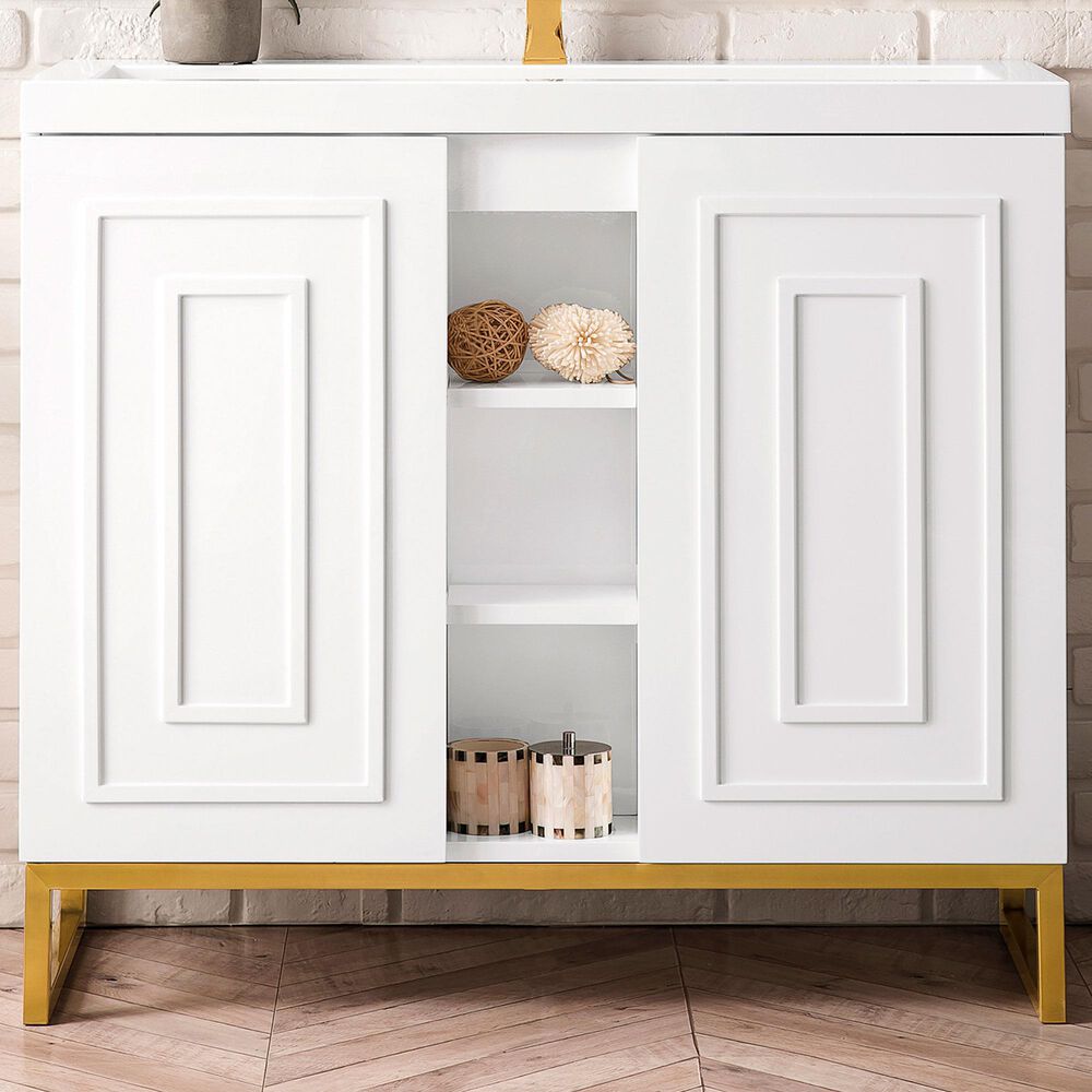 James Martin Vanities Alicante 39.5&quot; Single Bathroom Vanity in Glossy White and Radiant Gold with 5 cm White Glossy Resin Top and Rectangular Sink, , large