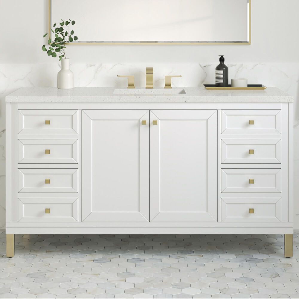 James Martin Vanities Chicago 60&quot; Single Bathroom Vanity in Glossy White with 3 cm Lime Delight Quartz Top and Rectangular Sink, , large