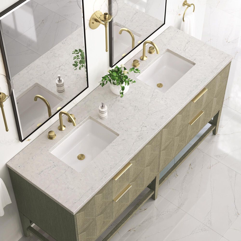 James Martin Vanities Emmeline 72" Double Bathroom Vanity in Pebble Oak with 3 cm Eternal Jasmine Pearl Quartz Top and Rectangular Sinks, , large