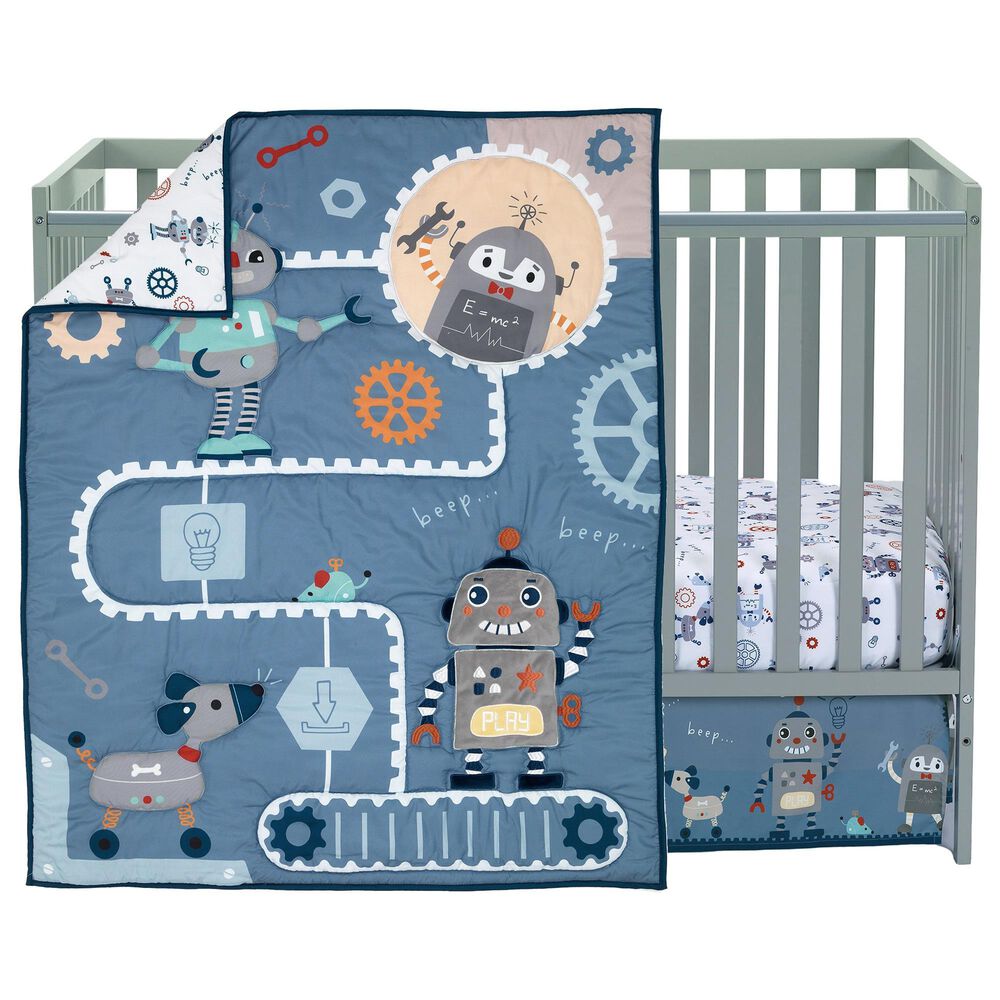 Lambs and Ivy Robbie Robot 3-Piece Baby Crib Bedding Set in Blue, Grey and Red, , large