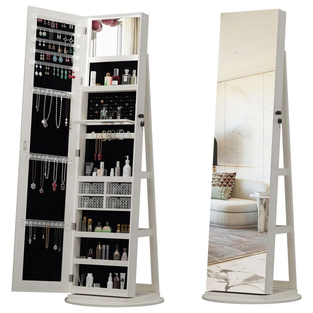 GigaCloud Swivel Jewelry Cabinet with Full Length Mirror and Locking Mechanism in White, , large