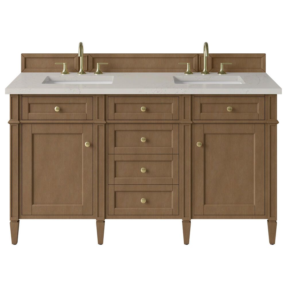 James Martin Brittany 60" Double Bathroom Vanity in Pecan with 3 cm Siberian Silestone Top, Rectangular Sinks and FreePower Wireless Charger, , large