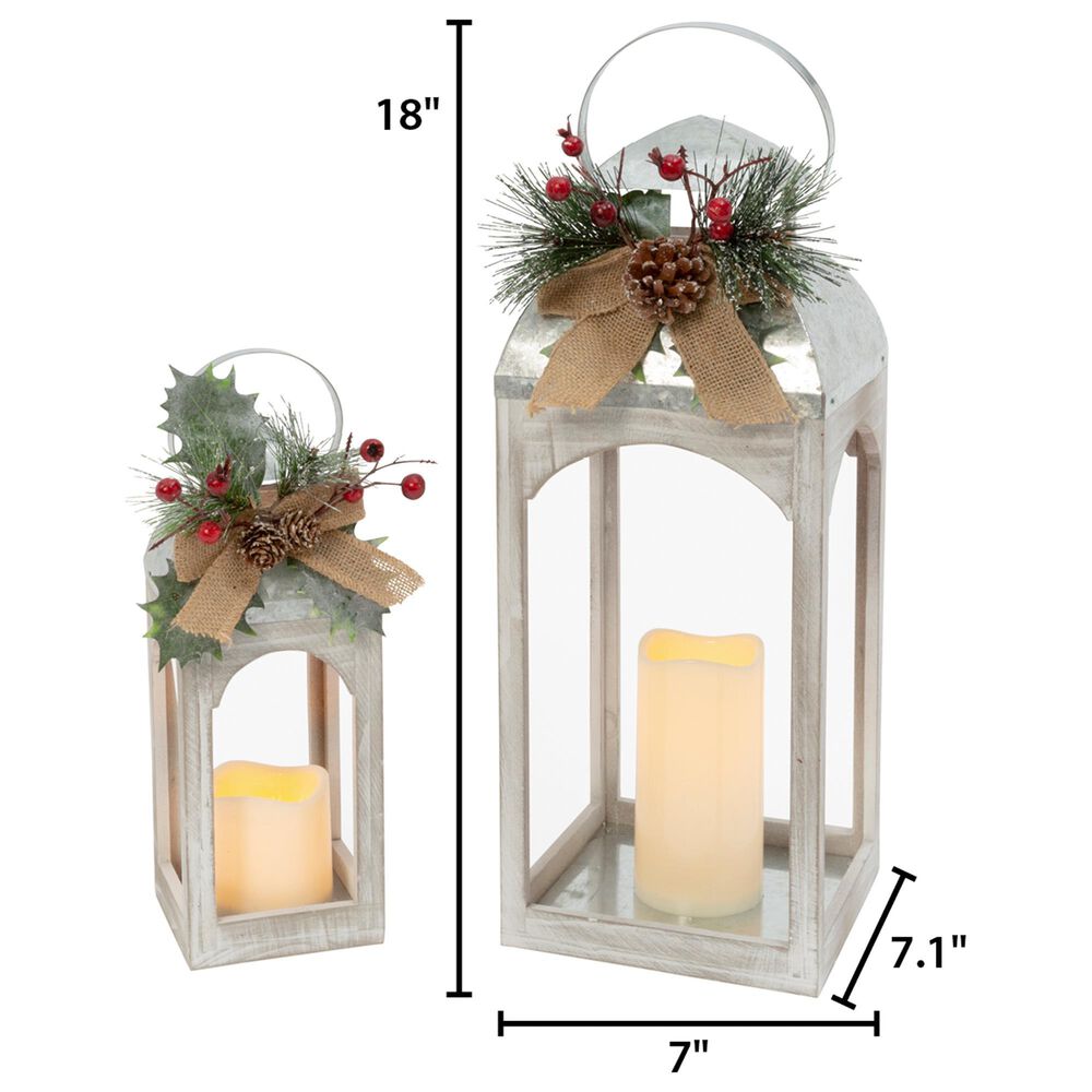 The Gerson Company 2-Piece Holiday Lantern Set with LED Candle and Floral Accent in White, , large