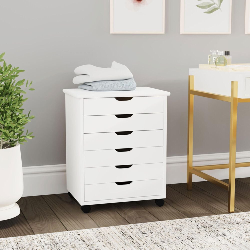 Linon Home Decor Cary 6-Drawer Wide Rolling Cart in White Wash, , large