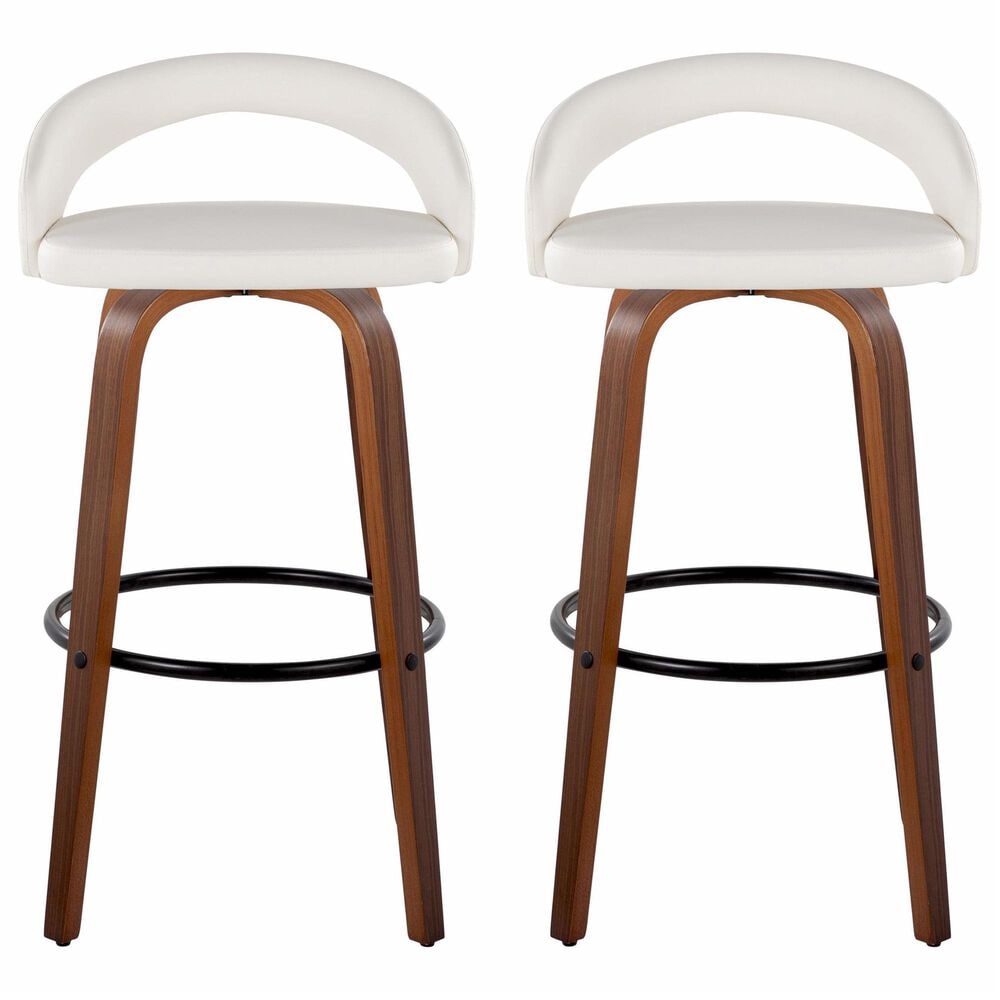 LumiSource Grotto Swivel Bar Stool with White Faux Leather Upholstery in Walnut Wood and Black (Set of 2), , large