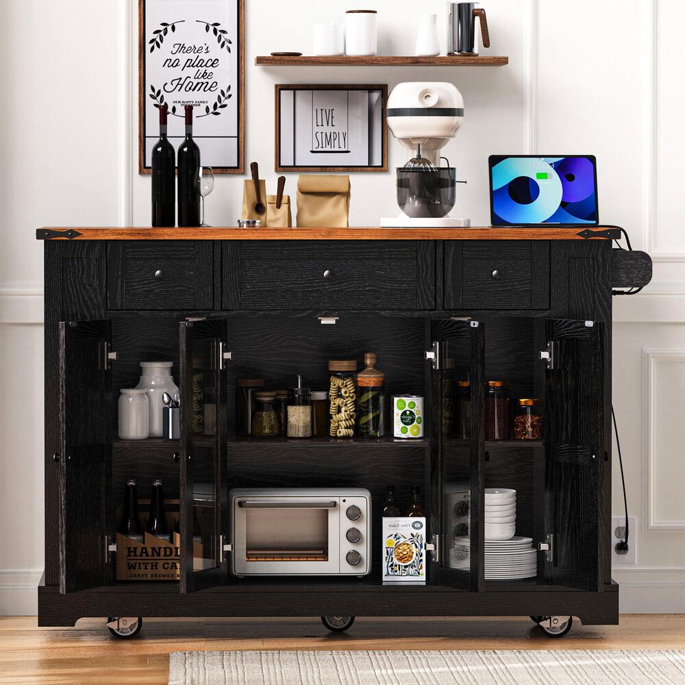 HOMLUX 53" Kitchen Island with Two Tempered Glass Cabinet Door in Black, , large