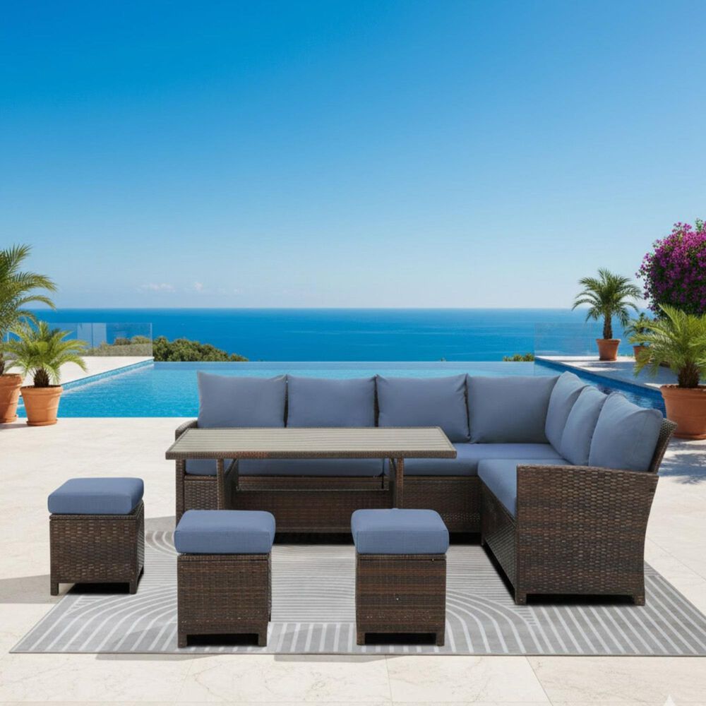 Hearth and Haven 7-Piece Outdoor Dining Set with Blue Cushion in Brown, , large