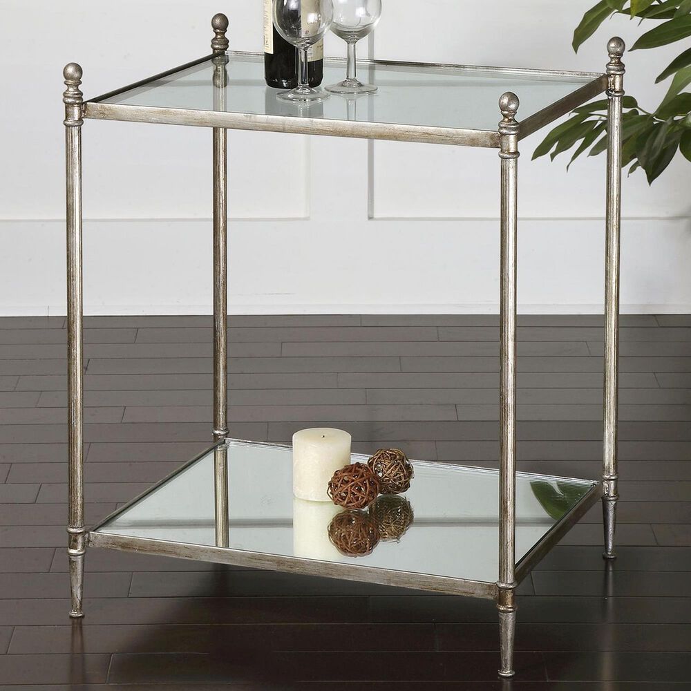 Uttermost Gannon End Table in Antiqued Silver Leaf and Glass , , large