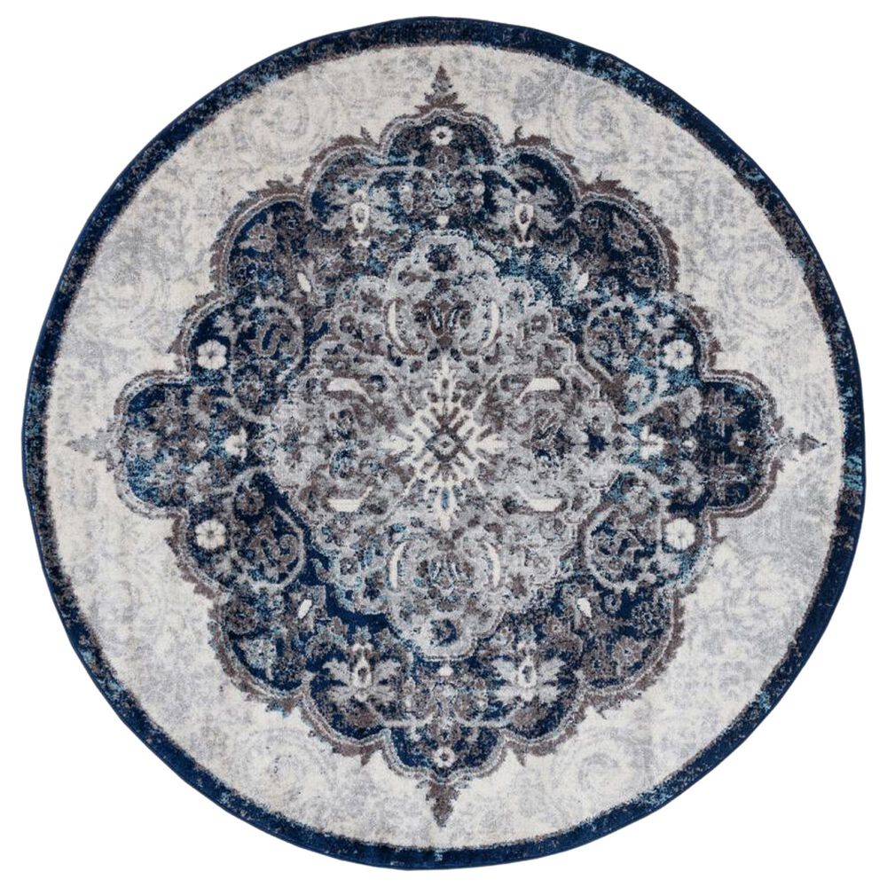 Amer Rugs Alexandria 6"7" Round Ivory and Navy Area Rug, , large