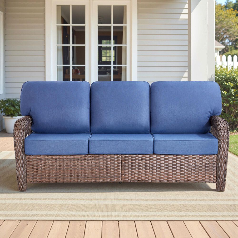 Hearth and Haven Outdoor Sofa with T-back Cushions and Brown Wicker in Blue, , large