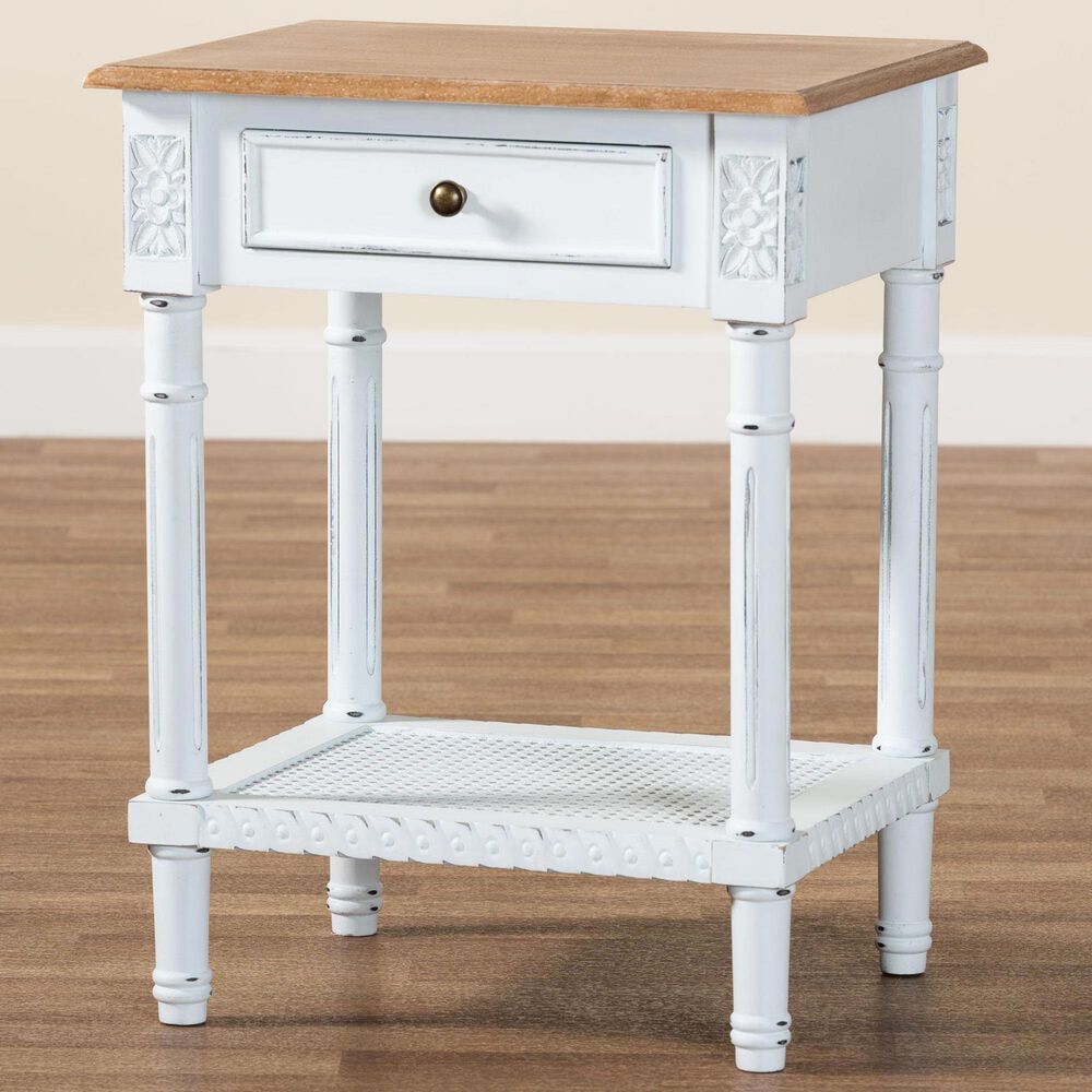 Baxton Studio Legrand 1-Drawer End Table in White and Natural Brown, , large