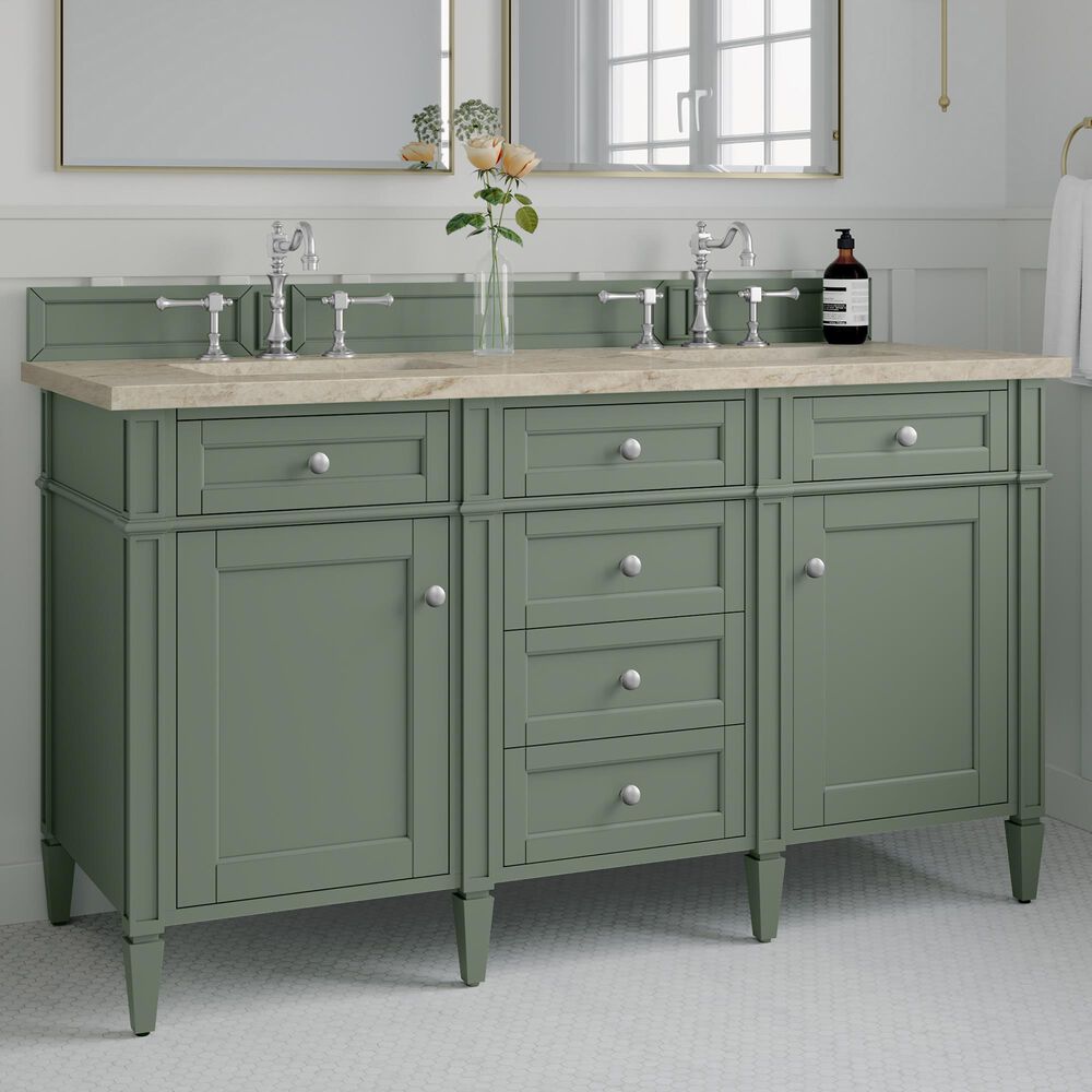 James Martin Brittany 60" Double Bathroom Vanity in Smokey Celadon with 3 cm Tajnar Eclos Top and Rectangular Sinks, , large